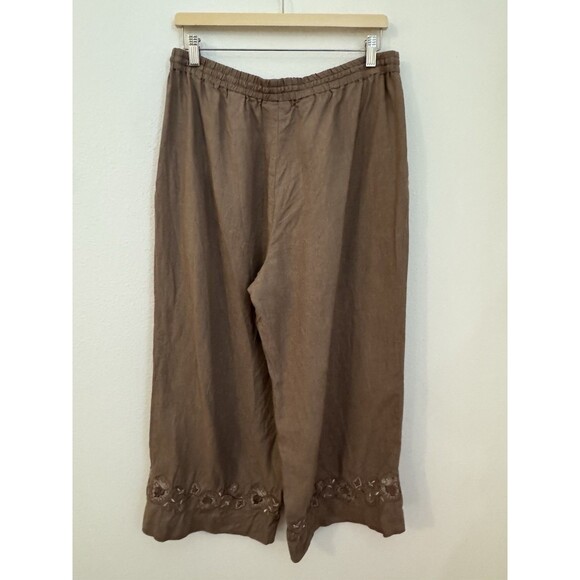 Coldwater Creek Brown Linen Pull On Pants Wide Leg Embroidered Lagenlook Size L - Picture 3 of 9